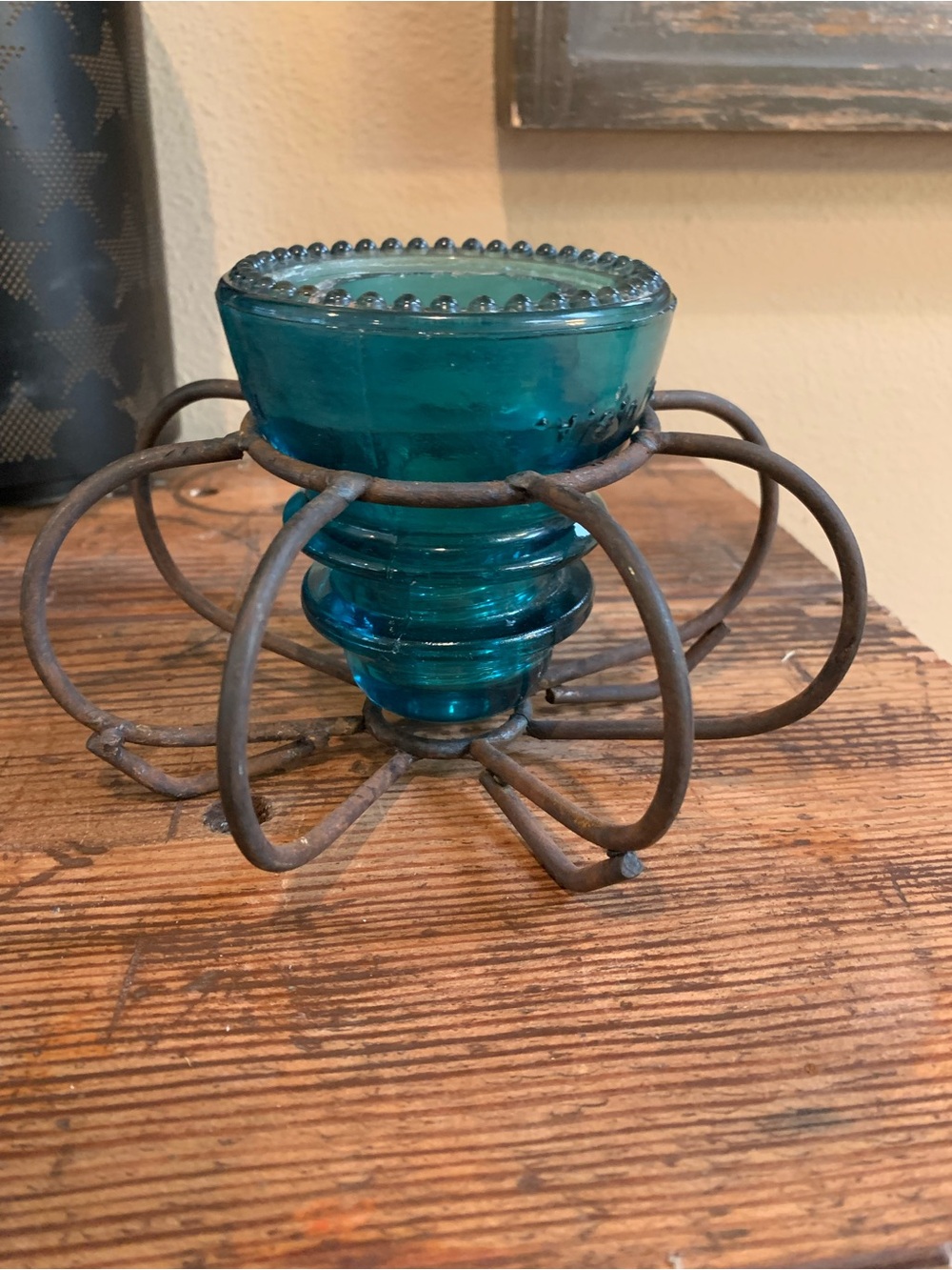 antique real insulator crafted to a Rustic Metal candle Holder /plant propegator